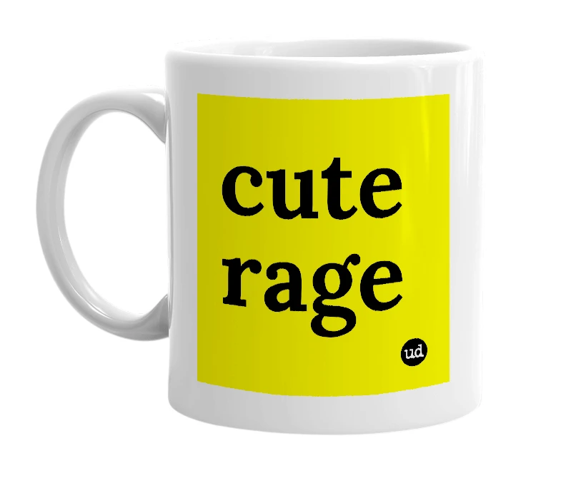 White mug with 'cute rage' in bold black letters