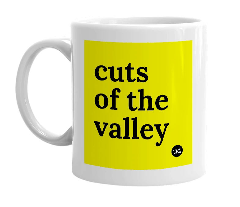 White mug with 'cuts of the valley' in bold black letters