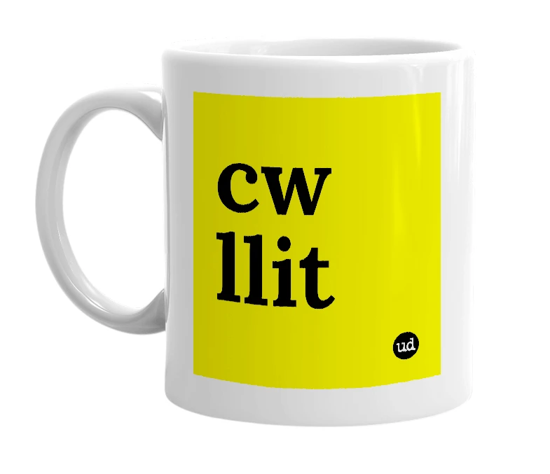 White mug with 'cw llit' in bold black letters
