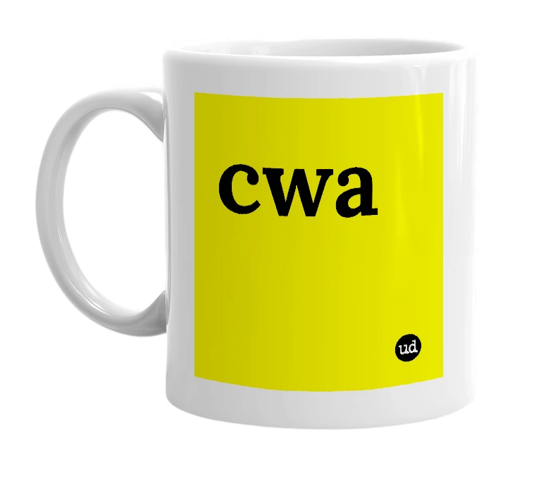 White mug with 'cwa' in bold black letters