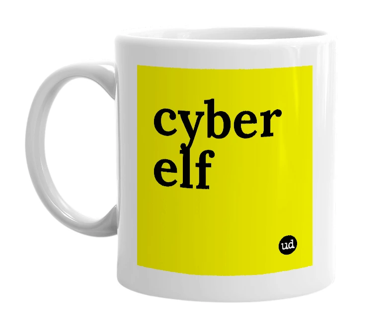 White mug with 'cyber elf' in bold black letters