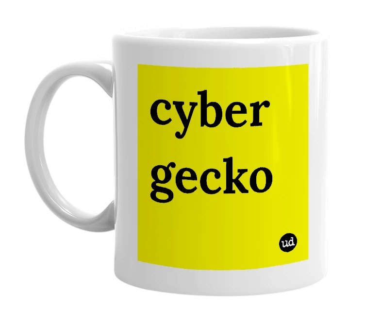 White mug with 'cyber gecko' in bold black letters