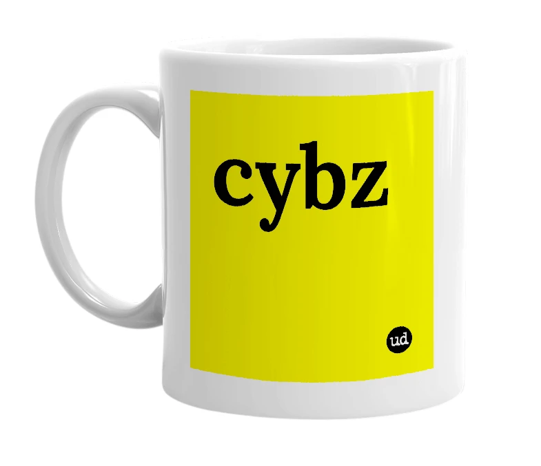 White mug with 'cybz' in bold black letters