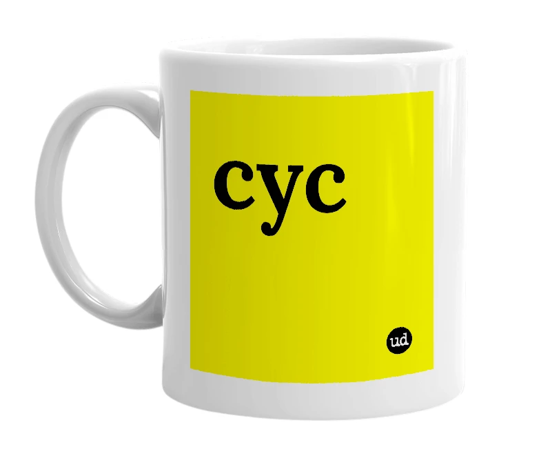 White mug with 'cyc' in bold black letters