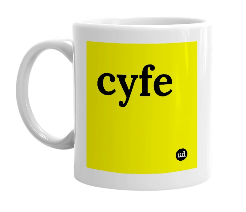 White mug with 'cyfe' in bold black letters