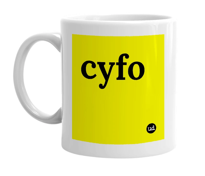 White mug with 'cyfo' in bold black letters