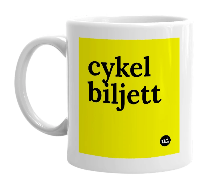 White mug with 'cykel biljett' in bold black letters