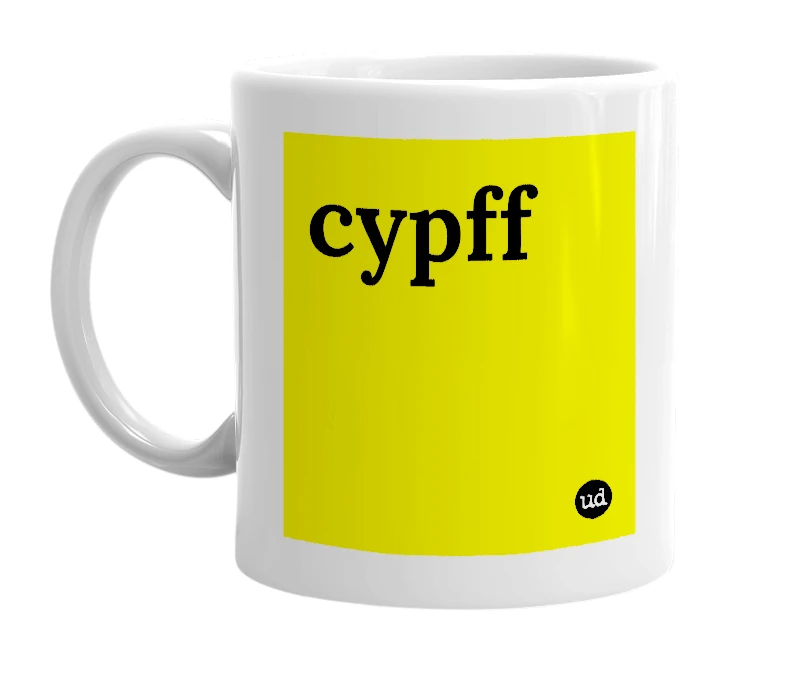 White mug with 'cypff' in bold black letters