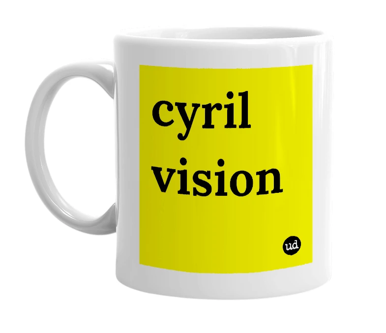 White mug with 'cyril vision' in bold black letters