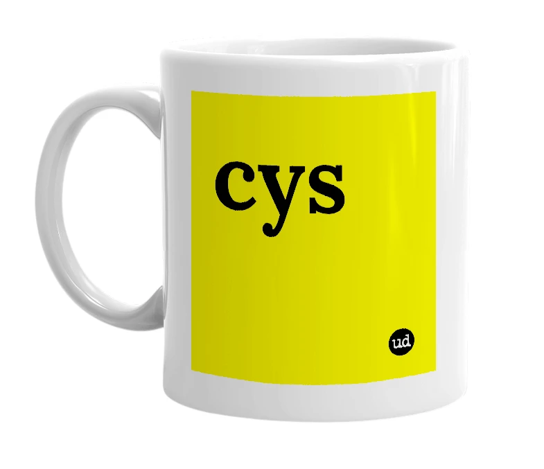 White mug with 'cys' in bold black letters