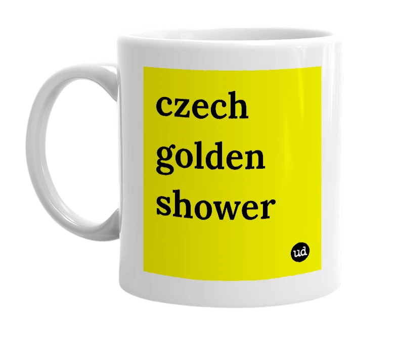 White mug with 'czech golden shower' in bold black letters