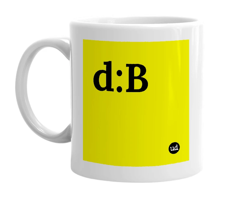 White mug with 'd:B' in bold black letters