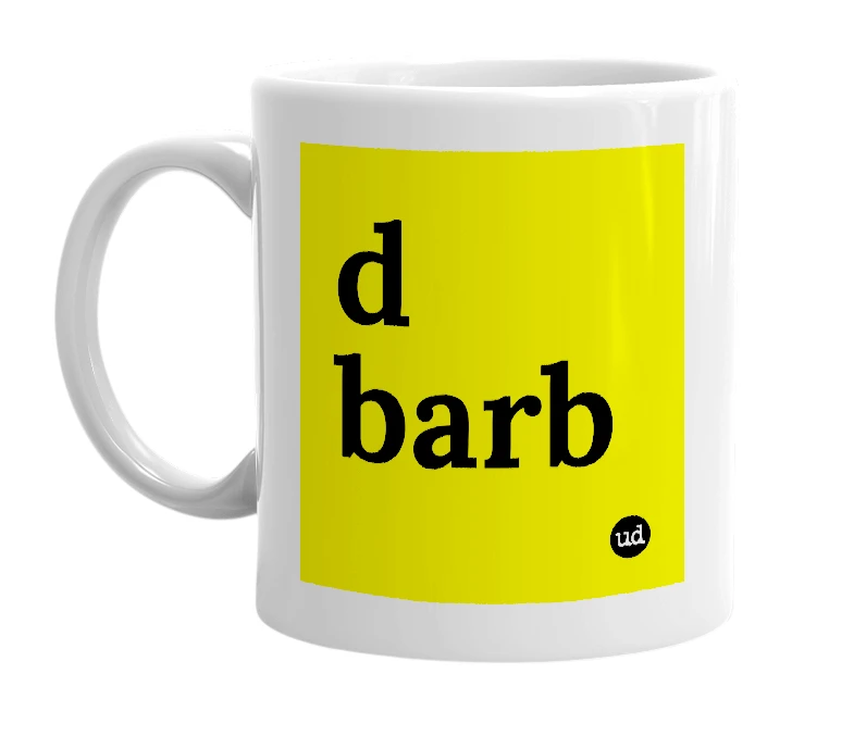 White mug with 'd barb' in bold black letters