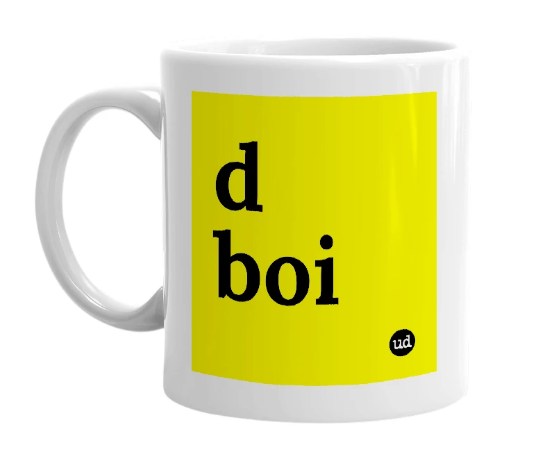 White mug with 'd boi' in bold black letters