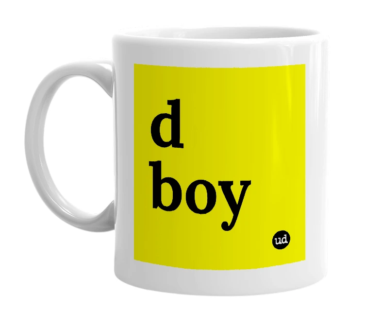 White mug with 'd boy' in bold black letters