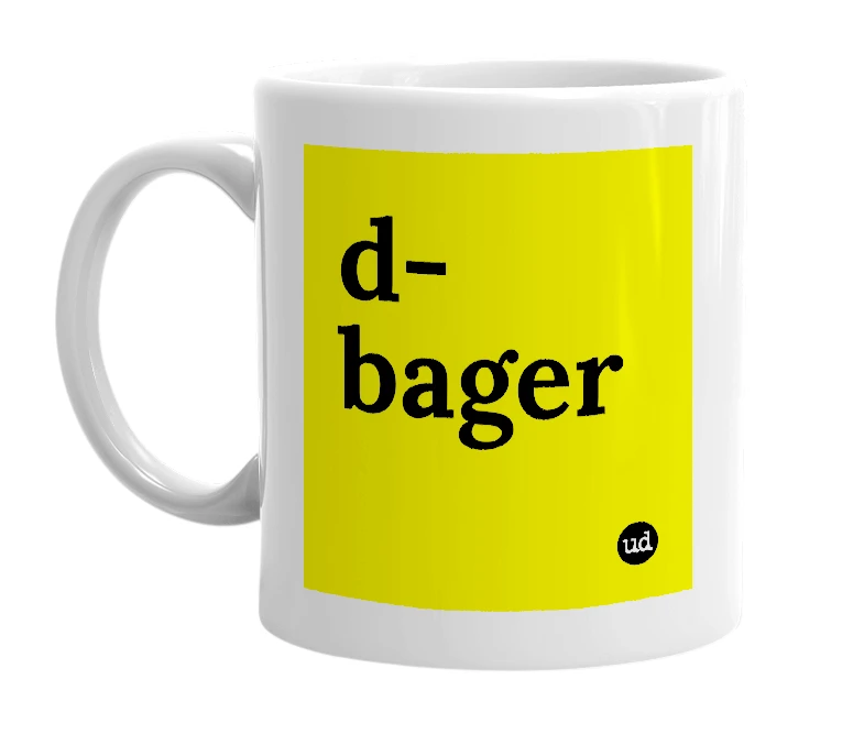 White mug with 'd-bager' in bold black letters