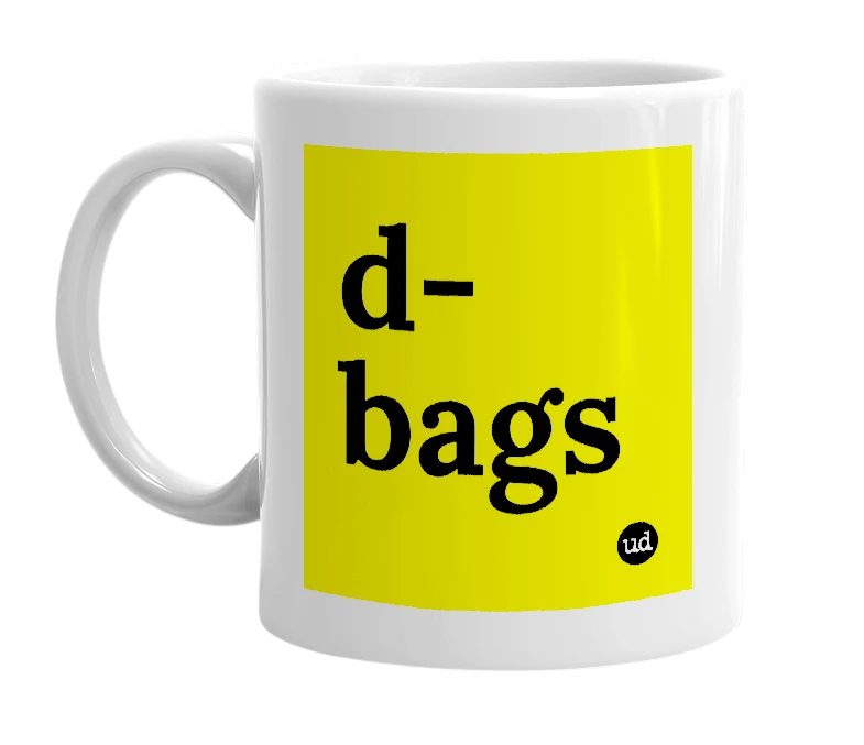 White mug with 'd-bags' in bold black letters