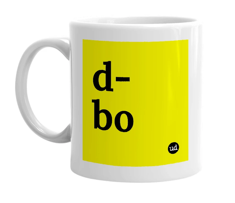 White mug with 'd-bo' in bold black letters