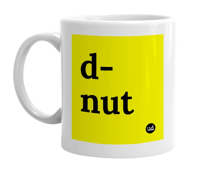 White mug with 'd-nut' in bold black letters