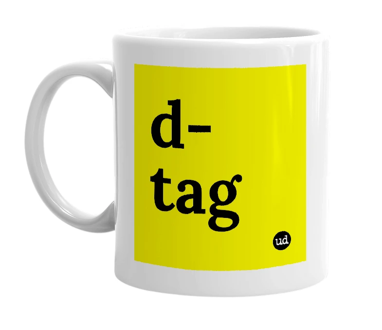 White mug with 'd-tag' in bold black letters