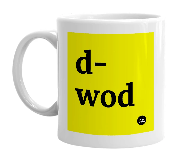 White mug with 'd-wod' in bold black letters