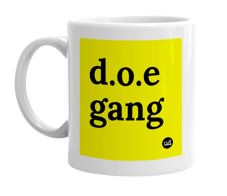 White mug with 'd.o.e gang' in bold black letters