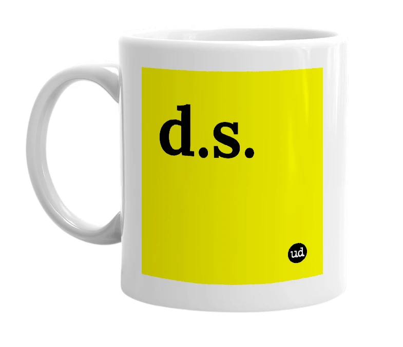 White mug with 'd.s.' in bold black letters