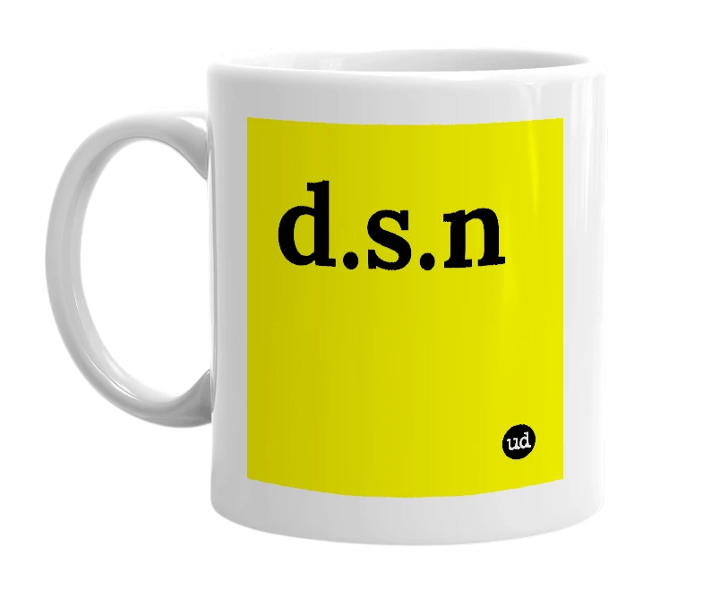 White mug with 'd.s.n' in bold black letters