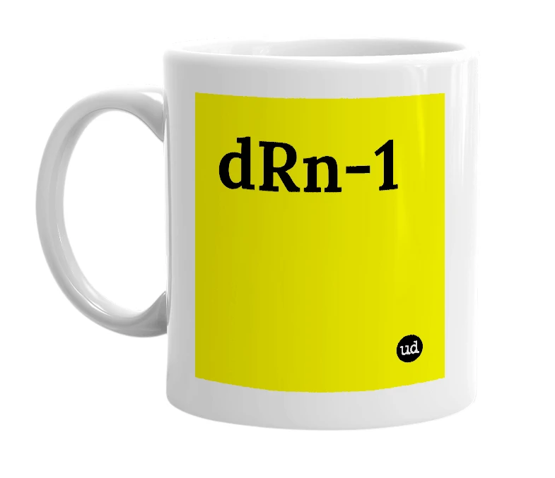 White mug with 'dRn-1' in bold black letters