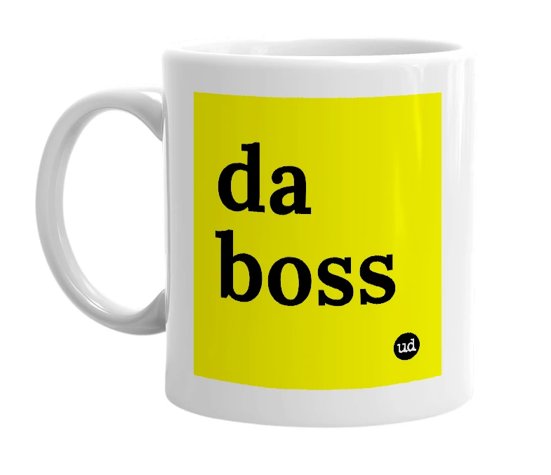White mug with 'da boss' in bold black letters