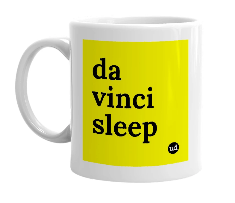 White mug with 'da vinci sleep' in bold black letters