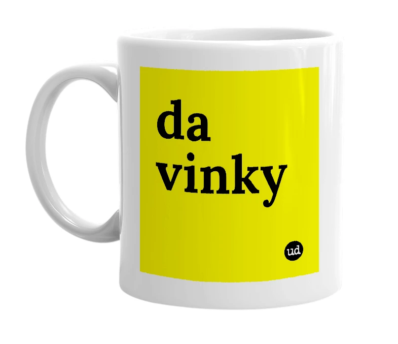 White mug with 'da vinky' in bold black letters