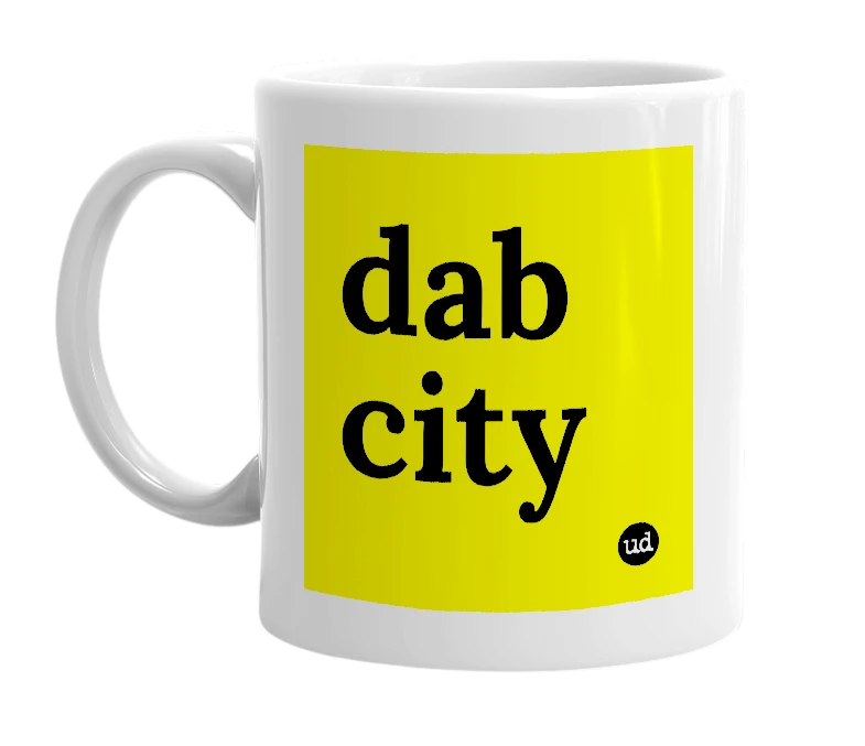 White mug with 'dab city' in bold black letters