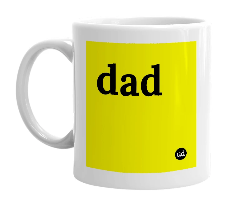 White mug with 'dad' in bold black letters