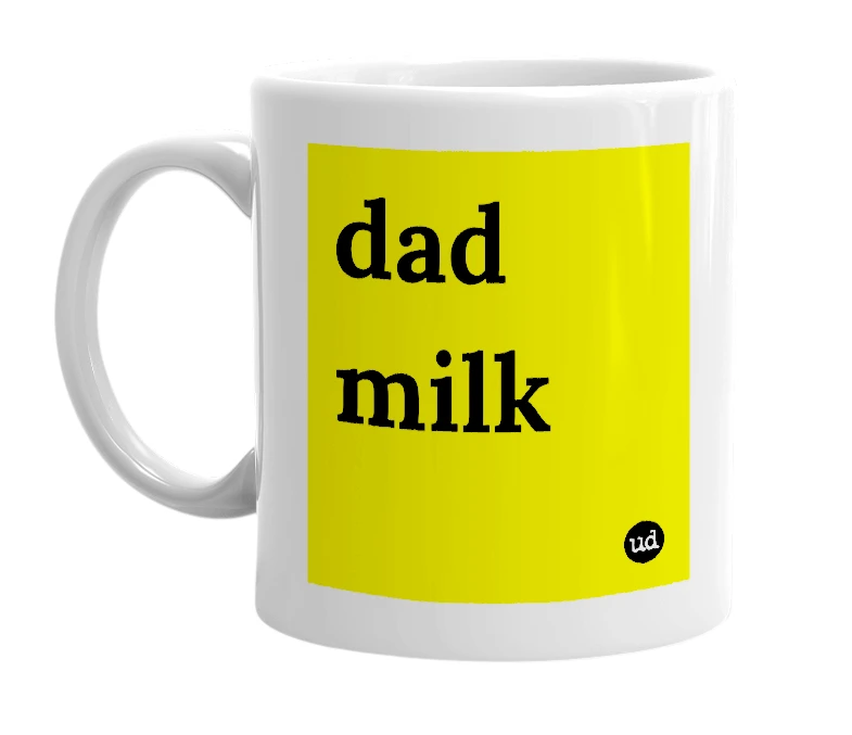 White mug with 'dad milk' in bold black letters
