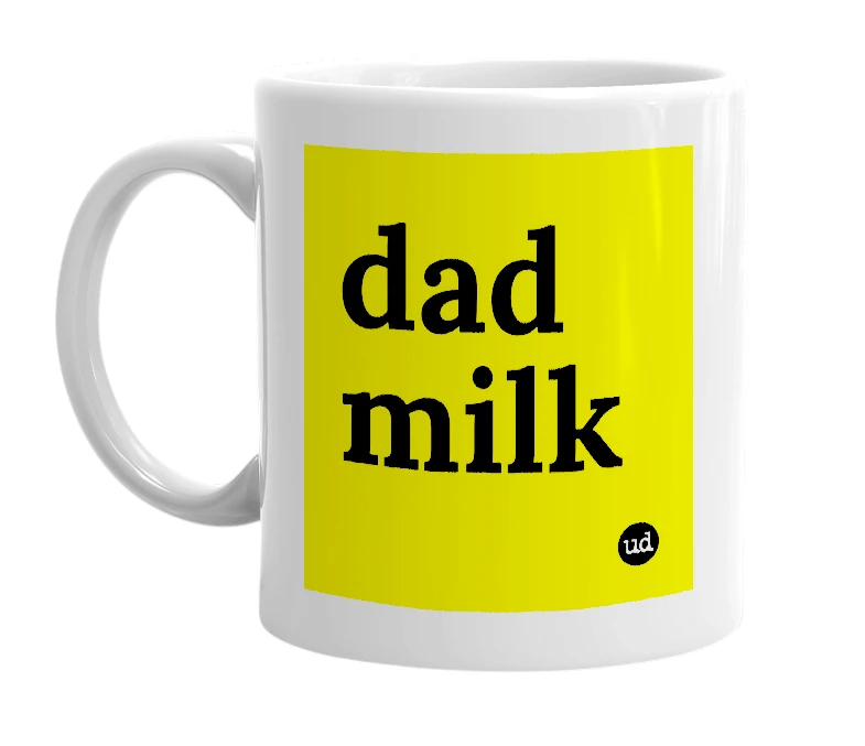 White mug with 'dad milk' in bold black letters