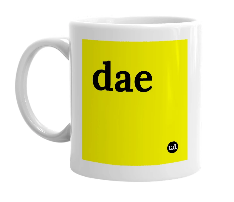 White mug with 'dae' in bold black letters