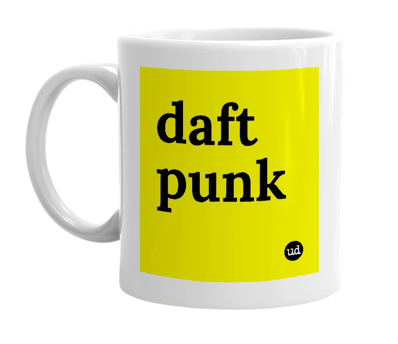 White mug with 'daft punk' in bold black letters