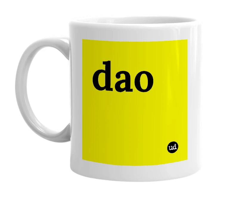 White mug with 'dao' in bold black letters