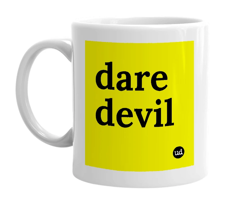 White mug with 'dare devil' in bold black letters
