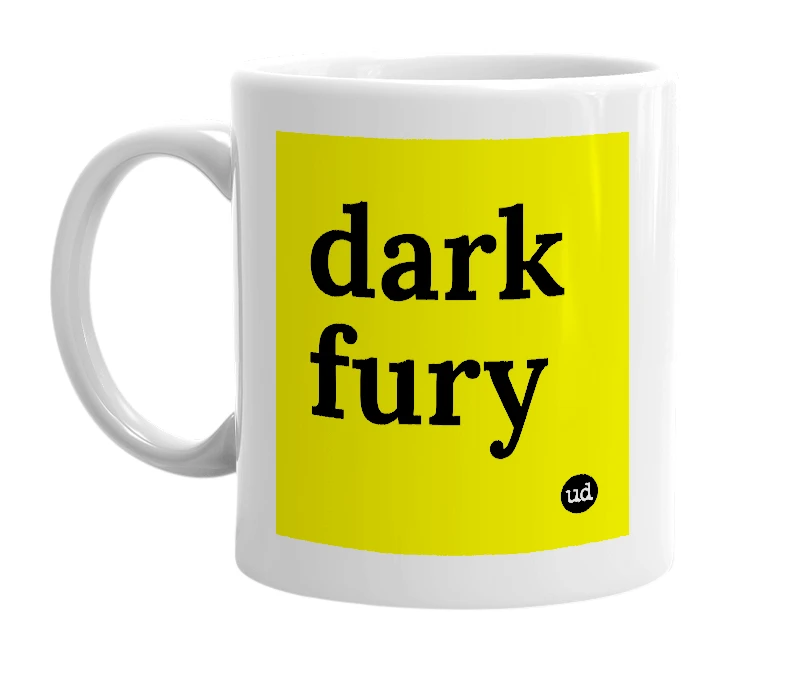White mug with 'dark fury' in bold black letters
