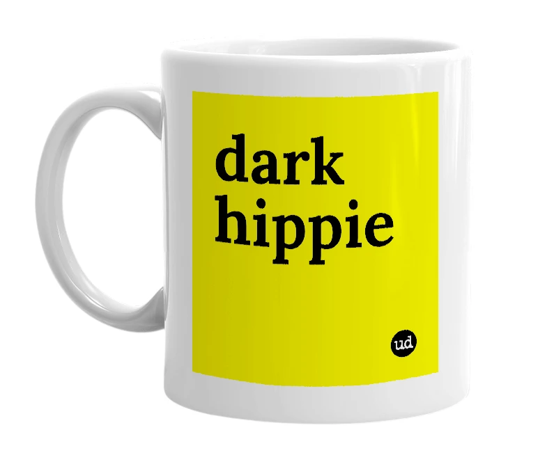 White mug with 'dark hippie' in bold black letters