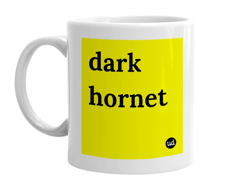 White mug with 'dark hornet' in bold black letters