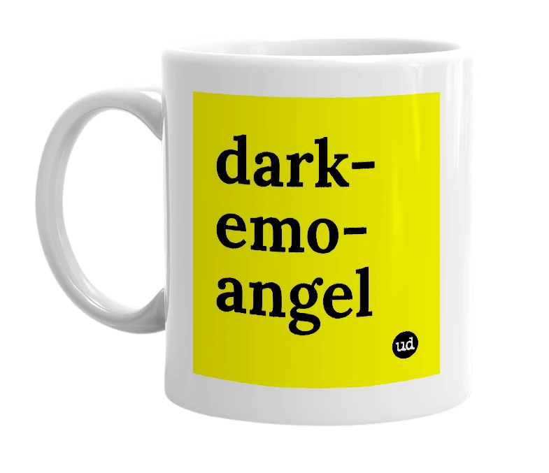 White mug with 'dark-emo-angel' in bold black letters