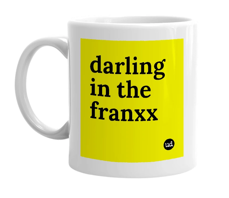 White mug with 'darling in the franxx' in bold black letters