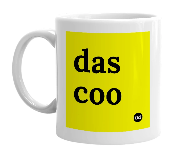 White mug with 'das coo' in bold black letters