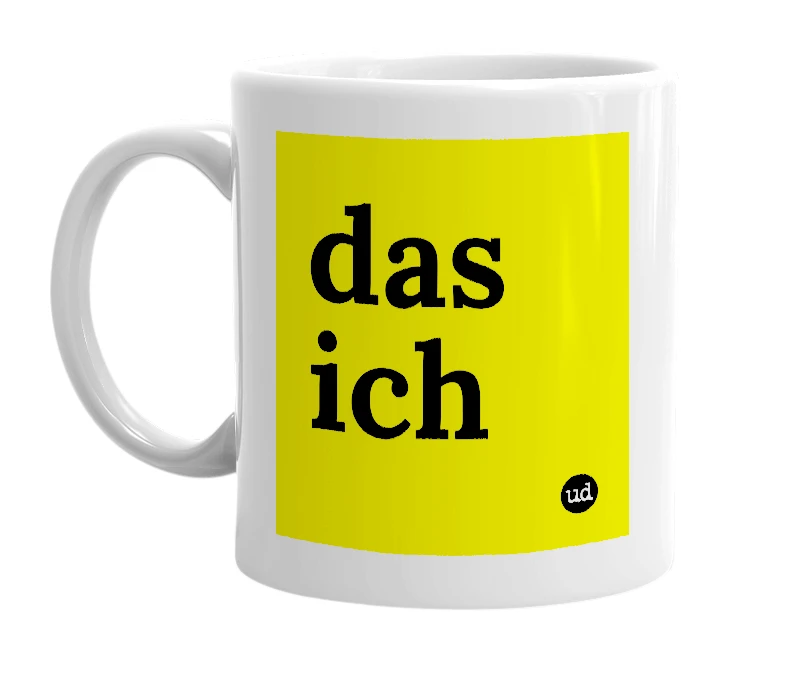 White mug with 'das ich' in bold black letters