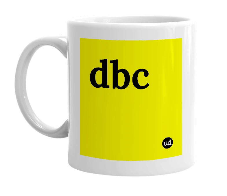 White mug with 'dbc' in bold black letters