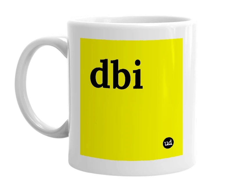 White mug with 'dbi' in bold black letters