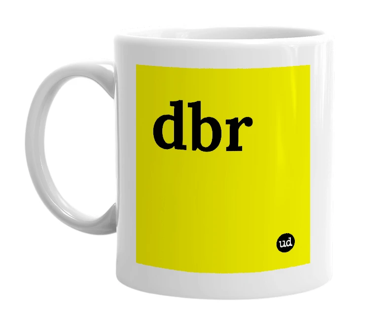White mug with 'dbr' in bold black letters